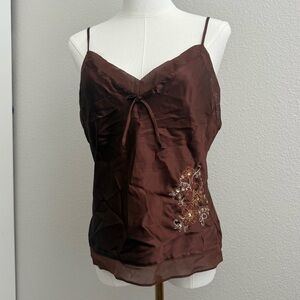 Y2K Embroidered Brown Satin Lace-Trim Camisole Top Medium